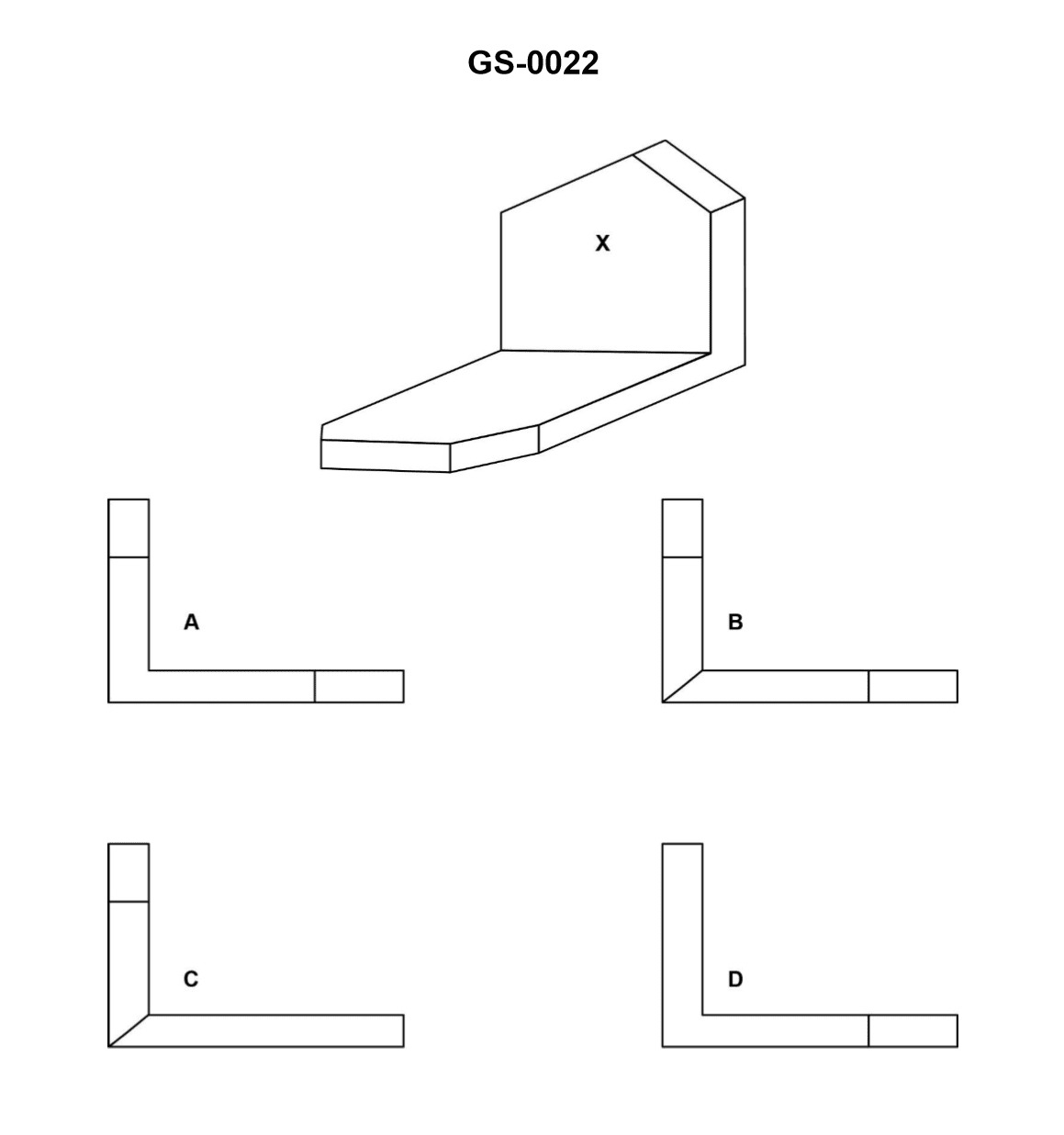Diagram for USCG QMED05 - Machinist-Pump Technician: Which of the projections represents the left side view of the object "X" in the...
